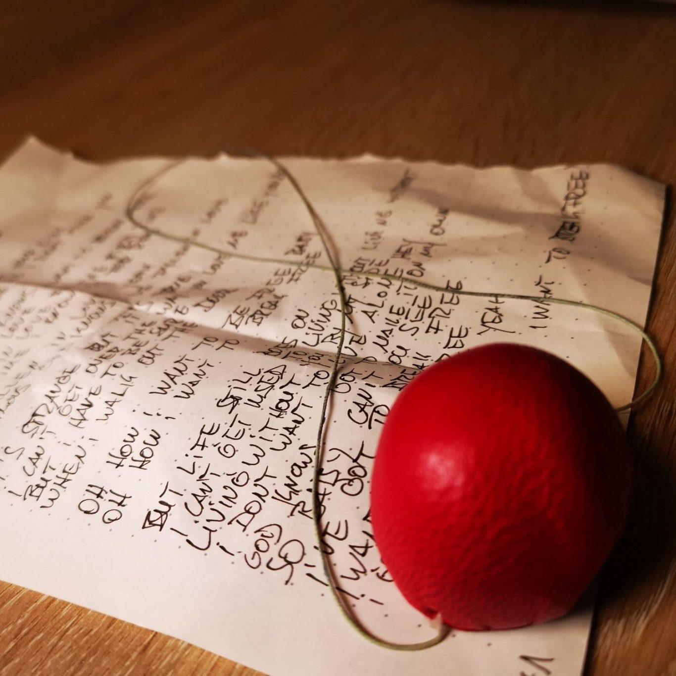 clownsnase auf einem beschrifteten Papier, das auf einem Holzuntergrund liegt.