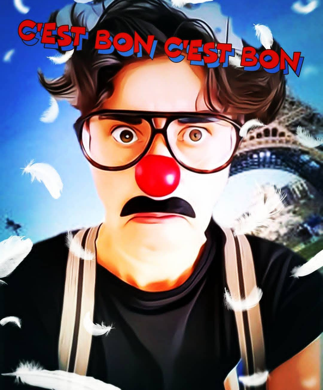 Junge mit roten Clownsnase, Fake-Schnurrbart und Brille vor dem Eiffelturm.